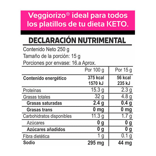 Veggieorizo, Chorizo Keto, Sin Gluten, 250g
